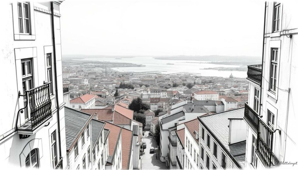 A panoramic vista of Lisbon's iconic Miradouro, framed by towering buildings and cobblestone streets. The foreground showcases the intricate wrought-iron balconies and terracotta roofs, while the middle ground reveals the rolling hills and winding alleys of the historic city. In the background, the majestic Tagus River glistens, its azure waters contrasting with the muted tones of the cityscape. The scene is bathed in soft, diffused lighting, casting a warm, nostalgic glow over the entire composition. Rendered in a striking black-and-white palette with subtle pops of color, this image captures the timeless allure and architectural grandeur of Lisbon's renowned Miradouros.