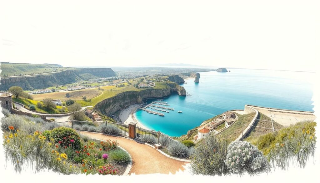 A panoramic vista overlooking the rugged Portimão coastline, where verdant cliffs cascade into the azure waters of the Algarve. Sunlight filters through wispy clouds, casting a warm glow over the picturesque fishing villages nestled along the shore. In the foreground, a winding path invites exploration, its edges dotted with vibrant splashes of color - wildflowers, rustic architecture, and weathered fishing boats. The middle ground reveals a tapestry of rolling hills and valleys, their contours sculpted by centuries of erosion. In the distance, the horizon is punctuated by the striking silhouettes of distant mountains, their peaks etched in bold, graphite-like strokes. This scene captures the essence of the Algarve's natural beauty, a captivating blend of land, sea, and sky, rendered in a striking monochrome palette with subtle pops of color.
