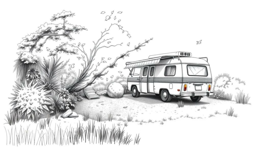 A peaceful, rustic campsite nestled amidst lush greenery, with a vintage camper van parked on a gravel patch. The scene is rendered in a muted, pencil-sketch-like style, with selective pops of color highlighting key elements like the van's trim, a few wildflowers, or the camper's awning. Soft, diffused lighting creates a serene, contemplative atmosphere, inviting the viewer to imagine the cozy, intimate experience of an overnight stay at this private, off-the-grid getaway. The composition balances the van, the surrounding nature, and the overall sense of tranquility, capturing the essence of an "Individuelle Übernachtung: Private Stellplätze entdecken" adventure. A peaceful, rustic campsite nestled amidst lush greenery, with a vintage camper van parked on a gravel patch. The scene is rendered in a muted, pencil-sketch-like style, with selective pops of color highlighting key elements like the van's trim, a few wildflowers, or the camper's awning. Soft, diffused lighting creates a serene, contemplative atmosphere, inviting the viewer to imagine the cozy, intimate experience of an overnight stay at this private, off-the-grid getaway. The composition balances the van, the surrounding nature, and the overall sense of tranquility, capturing the essence of an "Individuelle Übernachtung: Private Stellplätze entdecken" adventure.