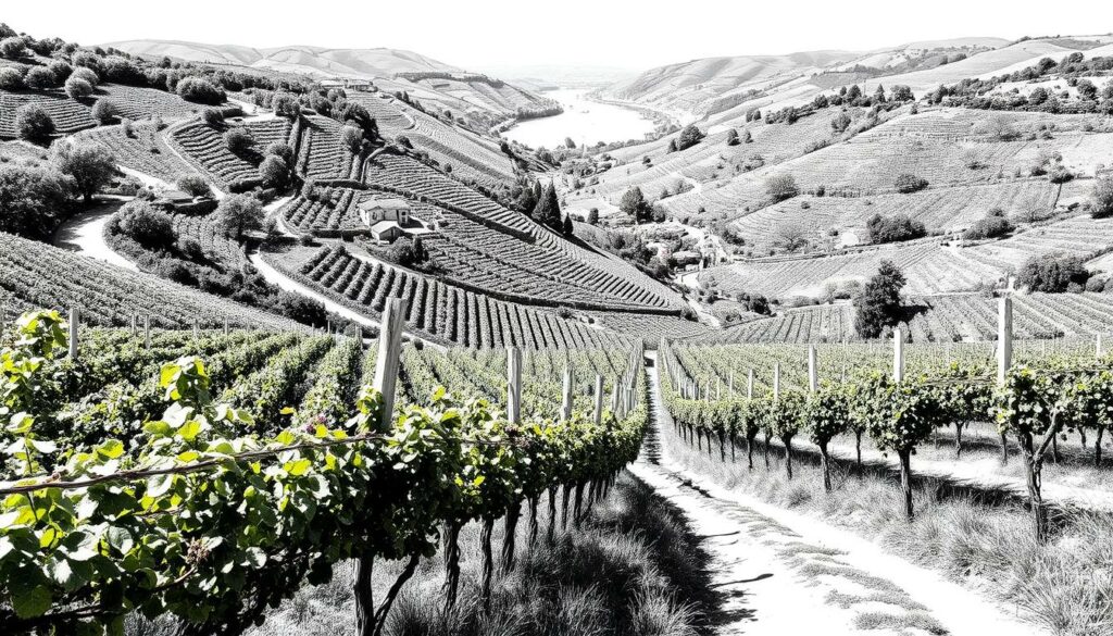 A picturesque Douro Valley landscape with rolling vineyards cascading down the hillsides, dotted with charming stone buildings. In the foreground, a winding path leads through a sun-dappled vineyard, with vibrant green vines and the occasional splash of color from wildflowers. The middle ground features rows of terraced vineyards, their gnarled vines creating a tapestry of textures and shades of green. In the background, the Douro River winds its way through the valley, its waters reflecting the surrounding hills and sky. The scene is rendered in a striking black and white palette, with subtle pops of color highlighting the lush foliage and the warmth of the stone structures. A picturesque Douro Valley landscape with rolling vineyards cascading down the hillsides, dotted with charming stone buildings. In the foreground, a winding path leads through a sun-dappled vineyard, with vibrant green vines and the occasional splash of color from wildflowers. The middle ground features rows of terraced vineyards, their gnarled vines creating a tapestry of textures and shades of green. In the background, the Douro River winds its way through the valley, its waters reflecting the surrounding hills and sky. The scene is rendered in a striking black and white palette, with subtle pops of color highlighting the lush foliage and the warmth of the stone structures.