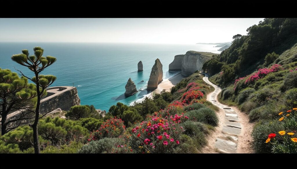 A picturesque coastal trail winds along the rugged cliffs of the Algarve, offering breathtaking vistas of the deep blue Atlantic. Vibrant wildflowers dot the lush, verdant landscape, creating a serene and tranquil atmosphere. The trail meanders through shaded pine forests, occasionally opening up to reveal sun-drenched vistas of the pristine beaches below. Dramatic rock formations jut out from the coastline, casting dramatic shadows across the path. The image should be rendered in a moody, black-and-white palette with selective pops of color to highlight the natural beauty of the scene.