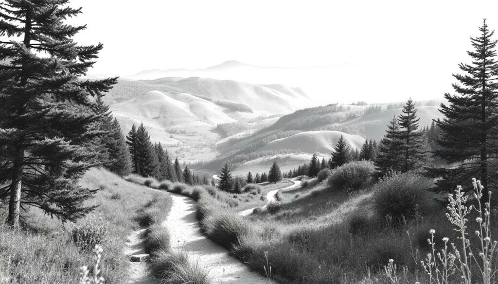 A picturesque hiking path winds through verdant forests and rolling hills, with the occasional glimpse of a distant mountain range. The scene is rendered in a muted, grayscale palette, punctuated by pops of vibrant color in the form of wildflowers or a meandering stream. The path itself is defined by a series of gentle curves and switchbacks, leading the viewer's eye deeper into the serene, pastoral landscape. Crisp, dramatic shadows cast by the afternoon sun lend depth and dimension to the image, creating a sense of depth and perspective. The overall mood is one of tranquility and contemplation, inviting the viewer to imagine themselves embarking on a leisurely, rejuvenating hike through the Portuguese countryside. A picturesque hiking path winds through verdant forests and rolling hills, with the occasional glimpse of a distant mountain range. The scene is rendered in a muted, grayscale palette, punctuated by pops of vibrant color in the form of wildflowers or a meandering stream. The path itself is defined by a series of gentle curves and switchbacks, leading the viewer's eye deeper into the serene, pastoral landscape. Crisp, dramatic shadows cast by the afternoon sun lend depth and dimension to the image, creating a sense of depth and perspective. The overall mood is one of tranquility and contemplation, inviting the viewer to imagine themselves embarking on a leisurely, rejuvenating hike through the Portuguese countryside.