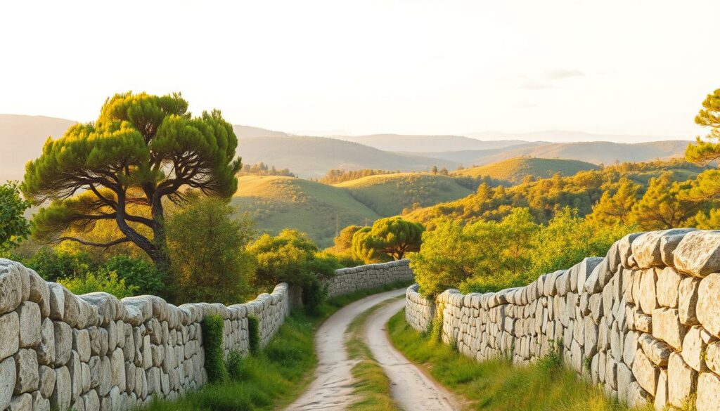 A picturesque landscape of Portugal's rolling hills and lush forests, bathed in warm, golden light. Verdant foliage and weathered stone walls frame a winding path, inviting the viewer to embark on a tranquil hiking adventure. The scene exudes a sense of serenity and timelessness, with subtle pops of color accentuating the natural beauty. Pencil-sketched textures create a tactile, artistic quality, capturing the essence of Portugal's ideal trekking season. Wispy clouds drift across a softly hued sky, hinting at the mild, temperate climate that makes this the prime time for multi-day hikes through the country's captivating terrain.