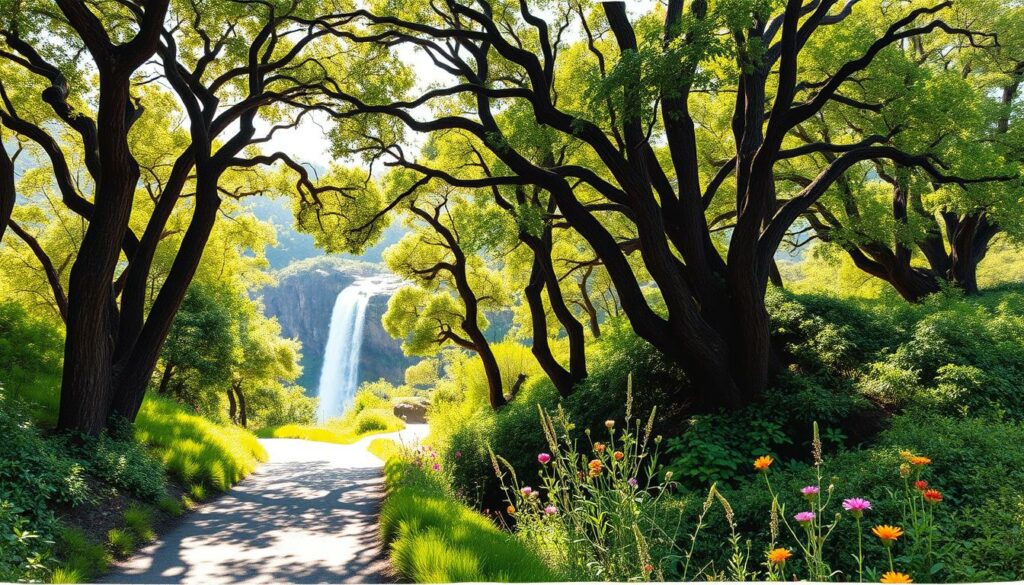 A picturesque levada path winds through a lush, verdant landscape on the island of Madeira. Towering laurel trees cast dappled shadows, their leaves rustling gently in the breeze. Vibrant wildflowers dot the forest floor, their petals a splash of color against the muted tones. Sunlight filters through the canopy, illuminating the scene with a warm, golden glow. In the distance, a glistening waterfall cascades over weathered rock formations, its mist creating a shimmering veil. The overall atmosphere conveys a sense of tranquility and natural wonder, inviting the viewer to embark on an enchanting levada wandering adventure. A picturesque levada path winds through a lush, verdant landscape on the island of Madeira. Towering laurel trees cast dappled shadows, their leaves rustling gently in the breeze. Vibrant wildflowers dot the forest floor, their petals a splash of color against the muted tones. Sunlight filters through the canopy, illuminating the scene with a warm, golden glow. In the distance, a glistening waterfall cascades over weathered rock formations, its mist creating a shimmering veil. The overall atmosphere conveys a sense of tranquility and natural wonder, inviting the viewer to embark on an enchanting levada wandering adventure.