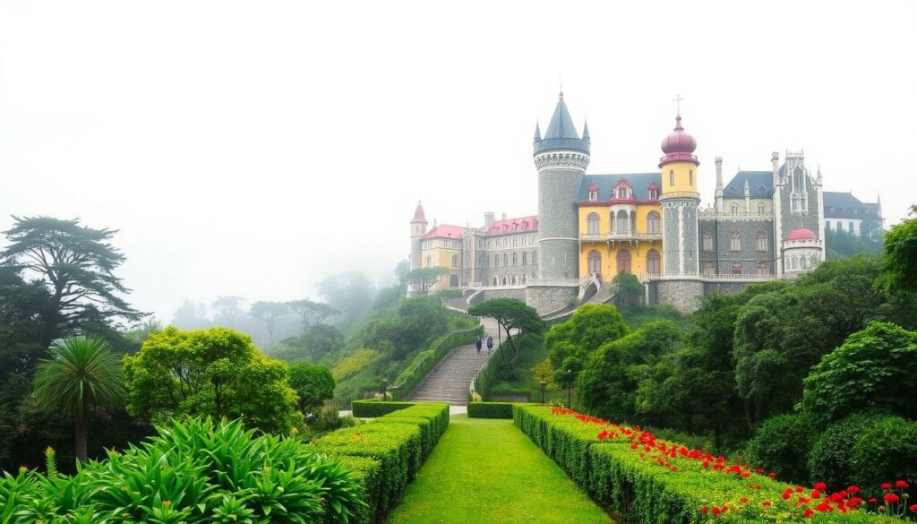 A picturesque scene of the Sintra Palaces and Castles, set against a serene, misty backdrop. The majestic, fairytale-like structures stand tall, their intricate architecture and vibrant colors accentuated by the soft, monochrome palette. In the foreground, a lush, verdant garden with vibrant pops of color, leading the viewer's eye towards the grand, imposing buildings. Subtle highlights and shadows create depth and dimension, while the overall atmosphere evokes a sense of wonder and enchantment. The image captures the essence of Sintra's magical, historic charm, perfect for illustrating the "Märchenhafte Schlösser" section of the article. A picturesque scene of the Sintra Palaces and Castles, set against a serene, misty backdrop. The majestic, fairytale-like structures stand tall, their intricate architecture and vibrant colors accentuated by the soft, monochrome palette. In the foreground, a lush, verdant garden with vibrant pops of color, leading the viewer's eye towards the grand, imposing buildings. Subtle highlights and shadows create depth and dimension, while the overall atmosphere evokes a sense of wonder and enchantment. The image captures the essence of Sintra's magical, historic charm, perfect for illustrating the "Märchenhafte Schlösser" section of the article.