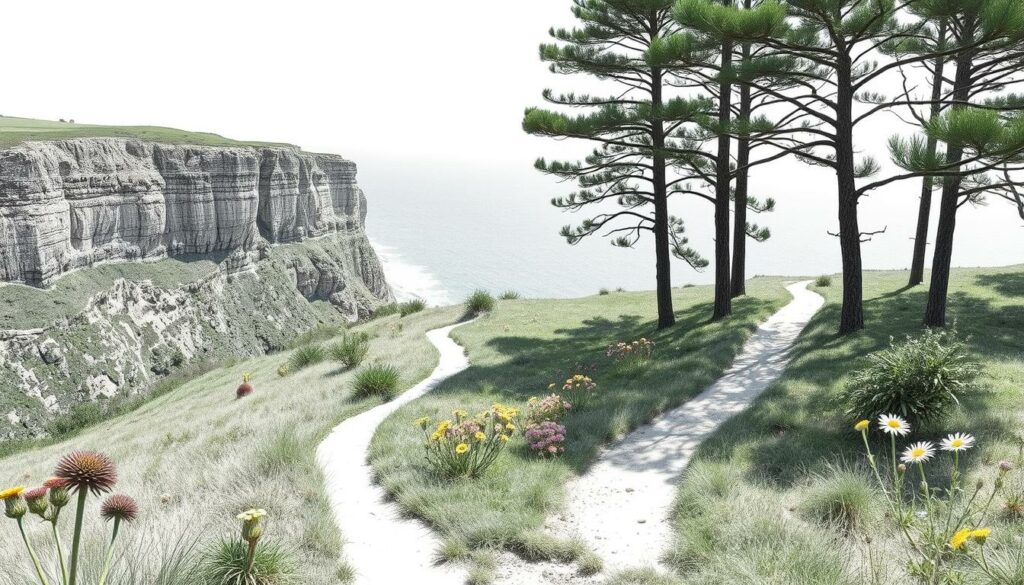 A picturesque trail winds through the lush green landscape of the Rota Vicentina Wanderwege in Portugal. Rugged cliffs overlook the vast Atlantic Ocean, their weathered edges captured in a delicate, pencil-like sketch. The path meanders through verdant meadows, dotted with vibrant wildflowers that provide subtle pops of color against the monochromatic scene. Towering pine trees cast gentle shadows, creating a serene and tranquil atmosphere. The image is rendered in a striking black and white palette, with selective color accents highlighting the natural beauty of this stunning coastal hiking route.