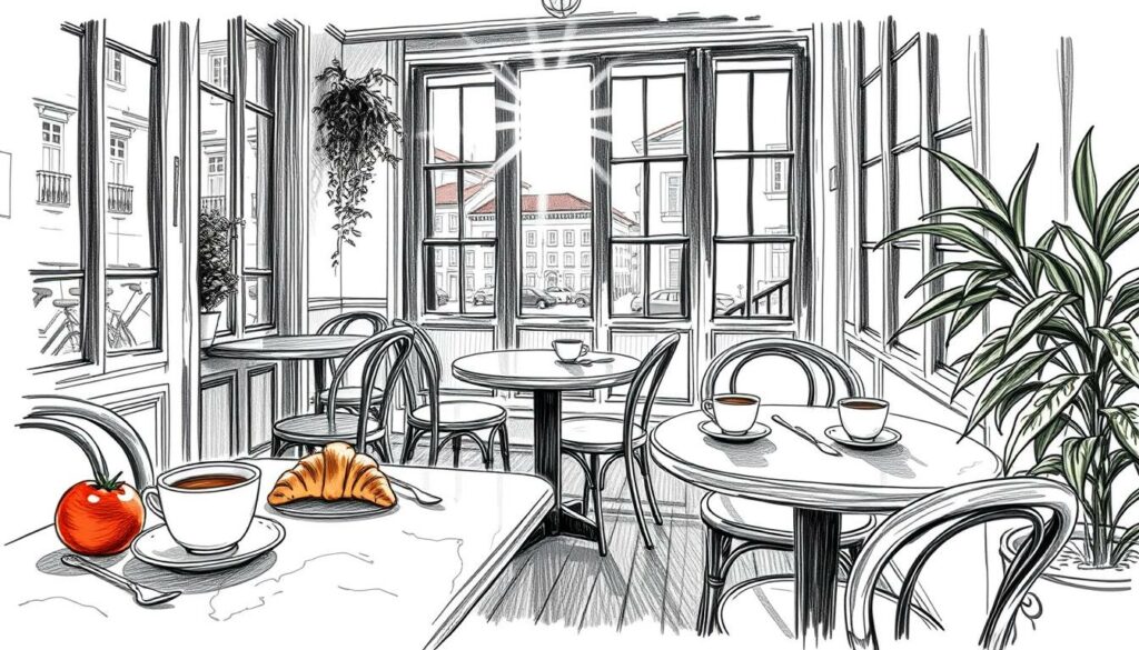 A quaint cafe nestled in the heart of historic Porto, the morning sun filtering through large windows, casting a warm glow on the marble-topped tables and bentwood chairs. Freshly brewed coffee in delicate porcelain cups, served alongside flaky croissants and artfully presented pastries. The aroma of freshly baked bread and the gentle hum of conversation create a cozy, inviting atmosphere. Accents of color punctuate the scene - the vibrant red of a tomato, the golden brown of a croissant, the deep green of a potted plant. A serene, quintessential Porto breakfast experience, captured in a timeless, black and white sketch with subtle pops of color.