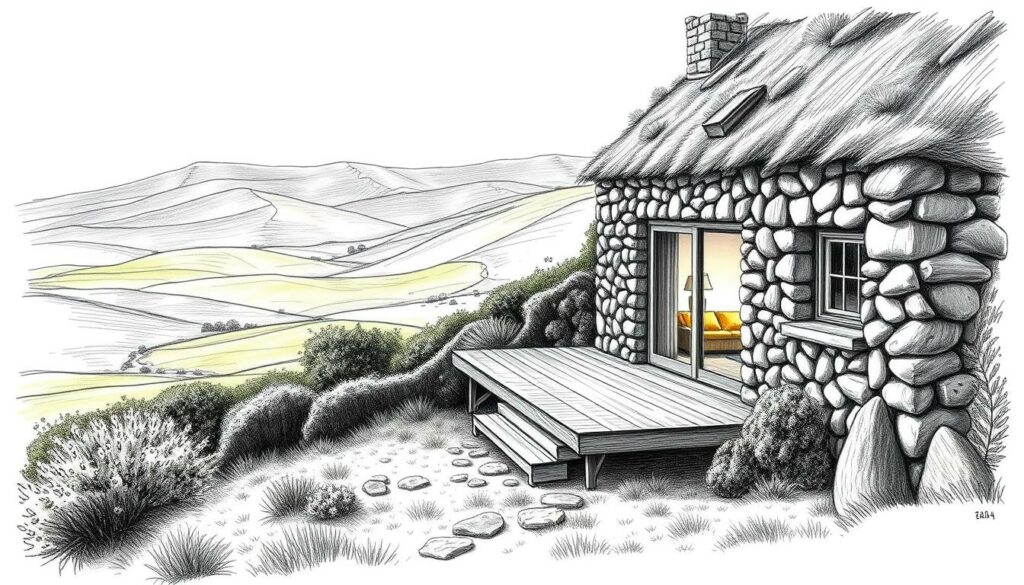 A remote, cozy vacation home nestled in the lush Azores landscape. The exterior features a traditional stone facade, with a large wooden deck overlooking the vast, rolling hills. Sunlight filters through the windows, casting a warm, inviting glow throughout the interior. The scene is depicted in a black and white sketch-like style, with carefully placed pops of color - the vibrant green of the surrounding foliage, the rich brown of the wooden accents. The composition emphasizes the home's harmonious integration with the natural environment, creating a peaceful, contemplative atmosphere.