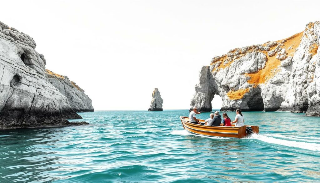 A rocky coastline stretches along the Algarve, sun-kissed and rugged. Weathered cliffs and coves invite exploration by a small, wooden boat gently bobbing on the waves. Passengers admire the scenic beauty, from the golden sands and turquoise waters to the dramatic rock formations casting dramatic shadows. The tour guide navigates skillfully, pointing out hidden sea caves and secluded beaches accessible only by boat. The mood is one of adventure and serenity, with the salty breeze and the rhythmic lapping of the waves creating a sense of tranquility. The image is rendered in a black and white palette, with selective colorful accents highlighting the vivid blues of the ocean and the warm ochres of the cliffs.