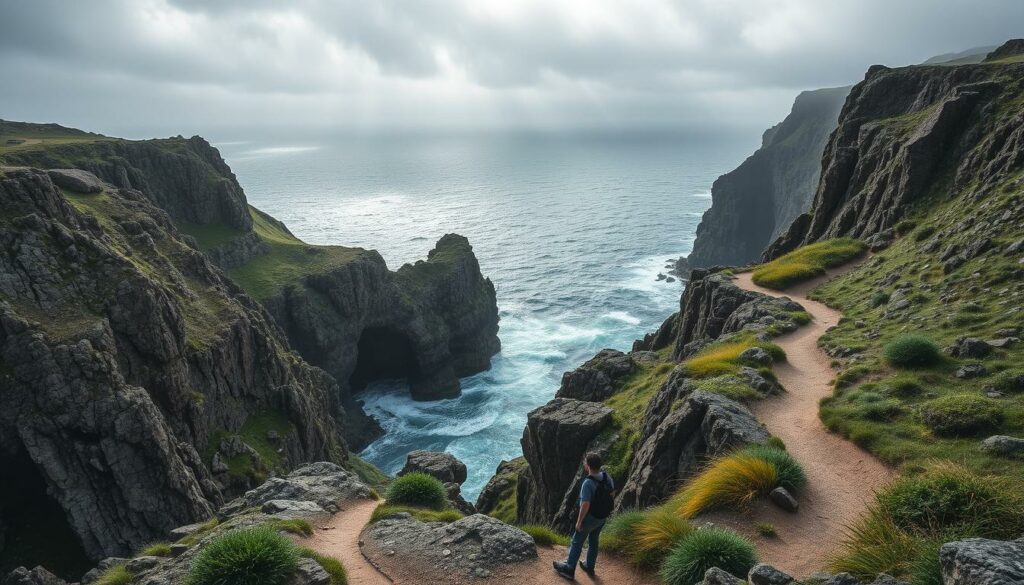 A rugged and windswept coastal path winds along the dramatic cliffs of the Atlantic, the GR11 Küstenwanderweg. Craggy rock formations jut out into the churning grey-green waves below, dotted with patches of vibrant green vegetation. Sunlight filters through the overcast sky, casting a soft, moody illumination over the scene. The trail snakes through this breathtaking natural landscape, inviting hikers to explore its captivating beauty in shades of charcoal and ash, punctuated by the occasional splash of ochre or emerald. Capture the essence of this historic and scenic Portuguese coastal route in a striking black-and-white image with subtle pops of color. A rugged and windswept coastal path winds along the dramatic cliffs of the Atlantic, the GR11 Küstenwanderweg. Craggy rock formations jut out into the churning grey-green waves below, dotted with patches of vibrant green vegetation. Sunlight filters through the overcast sky, casting a soft, moody illumination over the scene. The trail snakes through this breathtaking natural landscape, inviting hikers to explore its captivating beauty in shades of charcoal and ash, punctuated by the occasional splash of ochre or emerald. Capture the essence of this historic and scenic Portuguese coastal route in a striking black-and-white image with subtle pops of color.