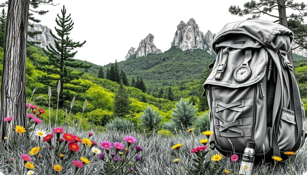 A rugged backpack filled with essential gear for a spring hiking adventure in Portugal. Sturdy hiking boots with tread for uneven terrain, a lightweight rain jacket to shield against sudden showers, a water bottle, and a compass to navigate winding forest trails. Warm layers like a wool sweater and gloves for chilly mornings. Vibrant wildflowers in the foreground, lush green foliage in the middle ground, and dramatic rock formations in the distance, all rendered in a muted black and white palette with pops of earthy color. A tranquil, adventurous scene capturing the spirit of outdoor exploration. A rugged backpack filled with essential gear for a spring hiking adventure in Portugal. Sturdy hiking boots with tread for uneven terrain, a lightweight rain jacket to shield against sudden showers, a water bottle, and a compass to navigate winding forest trails. Warm layers like a wool sweater and gloves for chilly mornings. Vibrant wildflowers in the foreground, lush green foliage in the middle ground, and dramatic rock formations in the distance, all rendered in a muted black and white palette with pops of earthy color. A tranquil, adventurous scene capturing the spirit of outdoor exploration.