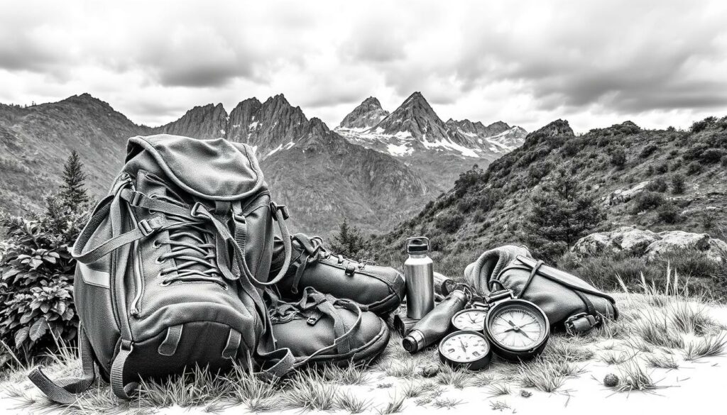A rugged backpack, hiking boots, and a weatherproof jacket lie in the foreground, surrounded by lush greenery and rocky outcroppings. In the middle ground, a compass, water bottle, and other essential gear are neatly arranged, hinting at the adventurous journey ahead. The background features towering peaks and a cloudy, moody sky, capturing the wild, untamed essence of the Peneda-Gerês National Park. The scene is rendered in a striking black and white palette with subtle pops of color, like the deep green of the foliage and the gleam of the metal equipment, creating a sense of timeless, raw exploration. A rugged backpack, hiking boots, and a weatherproof jacket lie in the foreground, surrounded by lush greenery and rocky outcroppings. In the middle ground, a compass, water bottle, and other essential gear are neatly arranged, hinting at the adventurous journey ahead. The background features towering peaks and a cloudy, moody sky, capturing the wild, untamed essence of the Peneda-Gerês National Park. The scene is rendered in a striking black and white palette with subtle pops of color, like the deep green of the foliage and the gleam of the metal equipment, creating a sense of timeless, raw exploration.