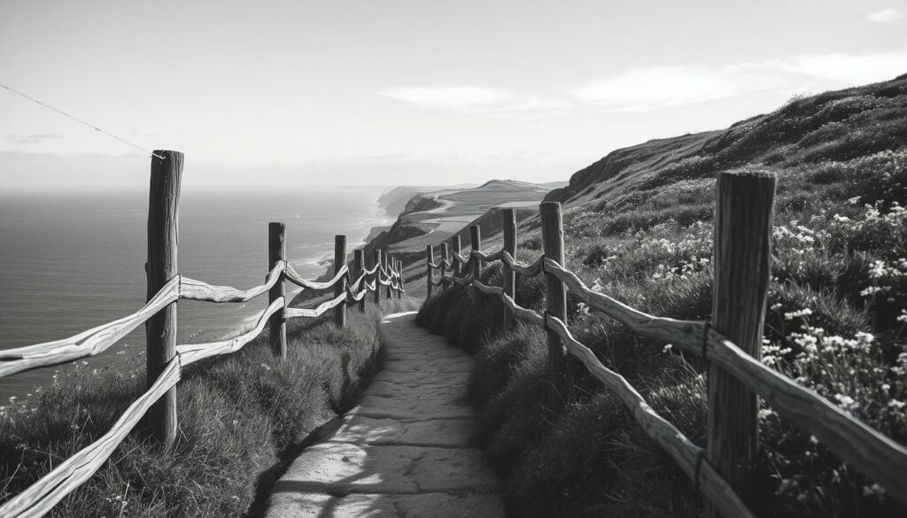 A rugged coastal path winds along the windswept cliffs of the Rota Vicentina in Portugal. Weathered wooden fences guide the way, framing breathtaking vistas of the Atlantic Ocean. In the distance, rolling hills dotted with wildflowers stretch towards the horizon. The scene is captured in a moody, black-and-white palette, with pops of color in the azure sky and the verdant foliage. The overall atmosphere is one of solitude and serene adventure, inviting the viewer to embark on an immersive, contemplative journey along this untamed, picturesque trail.