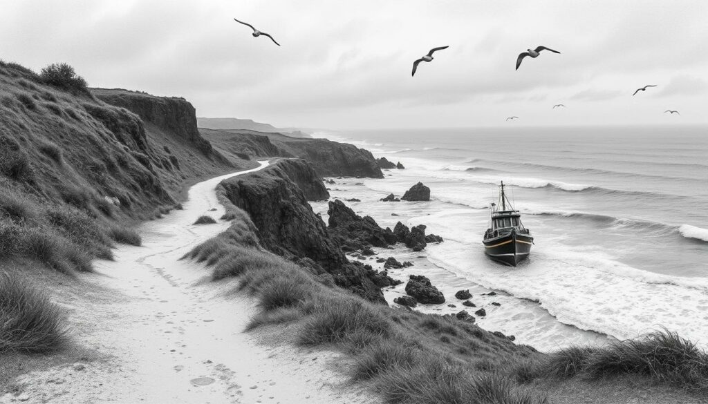 A rugged coastal path winds along the windswept shores of Portugal, dotted with weathered cliffs and crashing waves. In the foreground, a small fishing boat bobs gently on the swells, its vibrant hull a stark contrast to the monochrome landscape. Seagulls soar overhead, their graceful silhouettes etched against the moody, overcast sky. The scene is captured in a moody, atmospheric black and white palette, with hints of color - perhaps a warm ochre or a cool blue - punctuating the scene. The overall mood is one of adventure, exploration, and the timeless beauty of the Portuguese coastline.