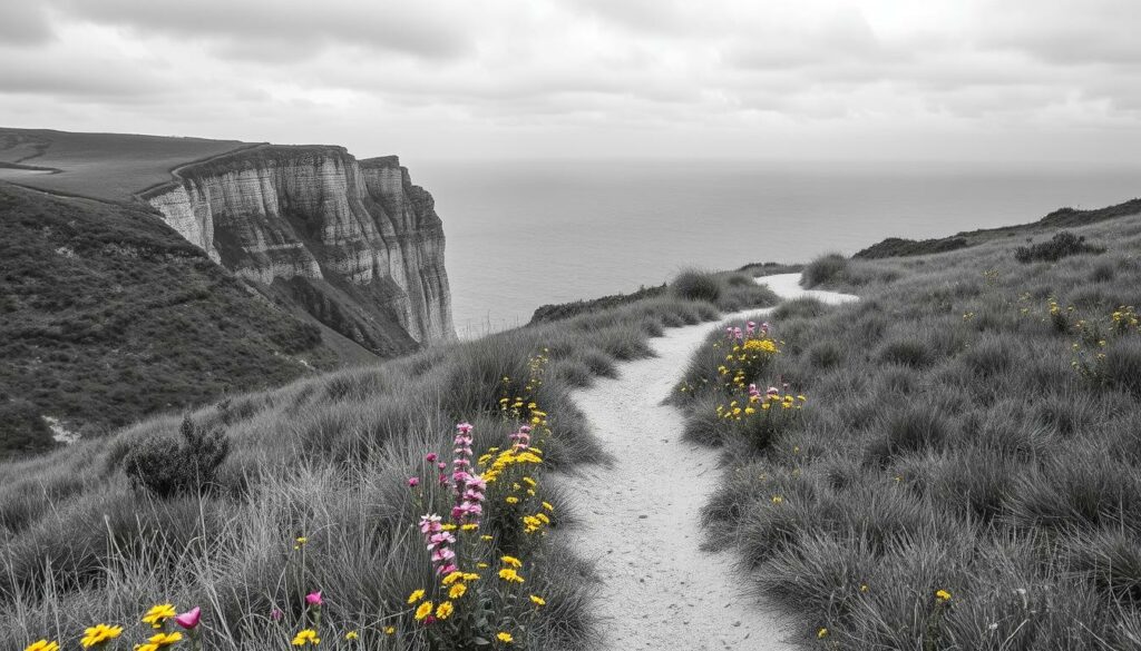 A rugged coastal path winds through a picturesque nature reserve, with towering cliffs and windswept dunes in the foreground. Vibrant wildflowers dot the landscape, their petals casting delicate splashes of color against the muted tones. In the distance, the deep blue of the Atlantic Ocean meets the horizon, hinting at the boundless beauty that awaits along this iconic Portuguese hiking route. The scene is captured in a moody, black-and-white palette, with selective pops of color highlighting the natural wonders of the Fischerpfad, or Fisherman's Trail, in the Rota Vicentina region.