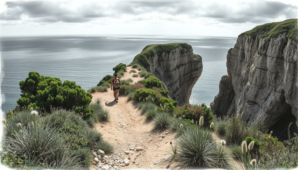 A rugged coastal trail winds along the Algarve's dramatic cliffs, offering breathtaking views of the deep blue Atlantic. In the foreground, a hiker explores the sun-dappled path, their boots kicking up pebbles and sand. The middle ground features lush, verdant vegetation clinging to the rocky outcrops, with pops of color from wildflowers. In the background, the horizon is painted in shades of gray and black, suggesting an impending storm, creating a sense of contrast and drama. The image is rendered in a moody, high-contrast black and white palette, with subtle splashes of color highlighting the natural beauty of this captivating landscape.