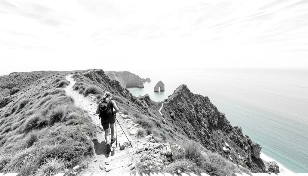 A rugged coastal trail winds along the Algarve's dramatic cliffs, with a palpable sense of adventure and caution. In the foreground, a hiker navigates the narrow path, their steps careful and deliberate. The middle ground reveals the breathtaking vista, a panorama of azure ocean and undulating limestone formations. In the background, the sky is a study in contrasts, with soft, diffused lighting punctuated by streaks of vibrant color. The overall mood is one of balance - the thrill of the journey tempered by the need for safety and vigilance. The image is rendered in a striking black and white palette, with selective pops of color drawing the eye to key details. A rugged coastal trail winds along the Algarve's dramatic cliffs, with a palpable sense of adventure and caution. In the foreground, a hiker navigates the narrow path, their steps careful and deliberate. The middle ground reveals the breathtaking vista, a panorama of azure ocean and undulating limestone formations. In the background, the sky is a study in contrasts, with soft, diffused lighting punctuated by streaks of vibrant color. The overall mood is one of balance - the thrill of the journey tempered by the need for safety and vigilance. The image is rendered in a striking black and white palette, with selective pops of color drawing the eye to key details.
