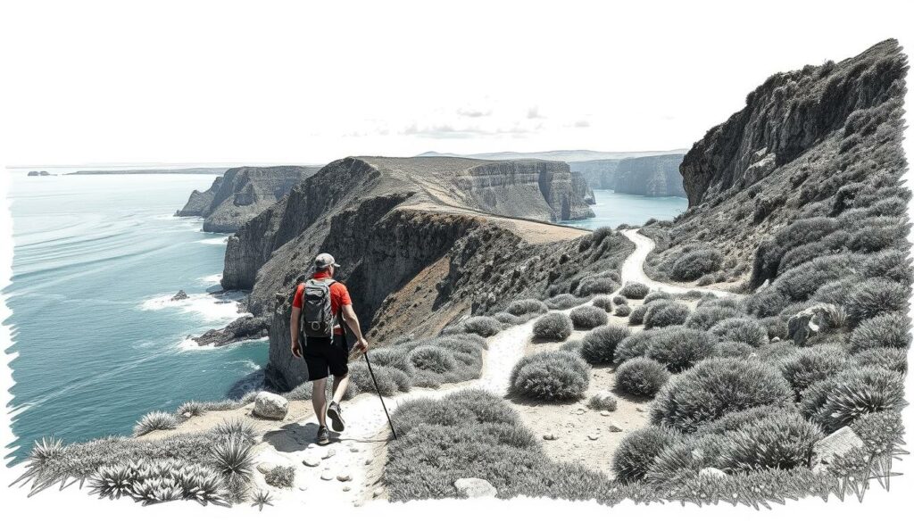 A rugged coastal trail winds along the dramatic cliffs of Portugal's Algarve region, the Fisherman's Trail. In the foreground, a lone hiker navigates the rocky path, their backpack and hiking gear in muted tones. The middle ground reveals the breathtaking vistas, with the deep blue Atlantic ocean crashing against the jagged shoreline. Overhead, wispy clouds drift across a pale sky, casting soft shadows on the terrain. The scene is rendered in a subdued palette of blacks, whites, and subtle pops of color - the lush green of vegetation, the ochre hues of the cliffs, and the azure tones of the distant horizon. This cinematic landscape captures the essence of an active and immersive adventure along the Fisherman's Trail.