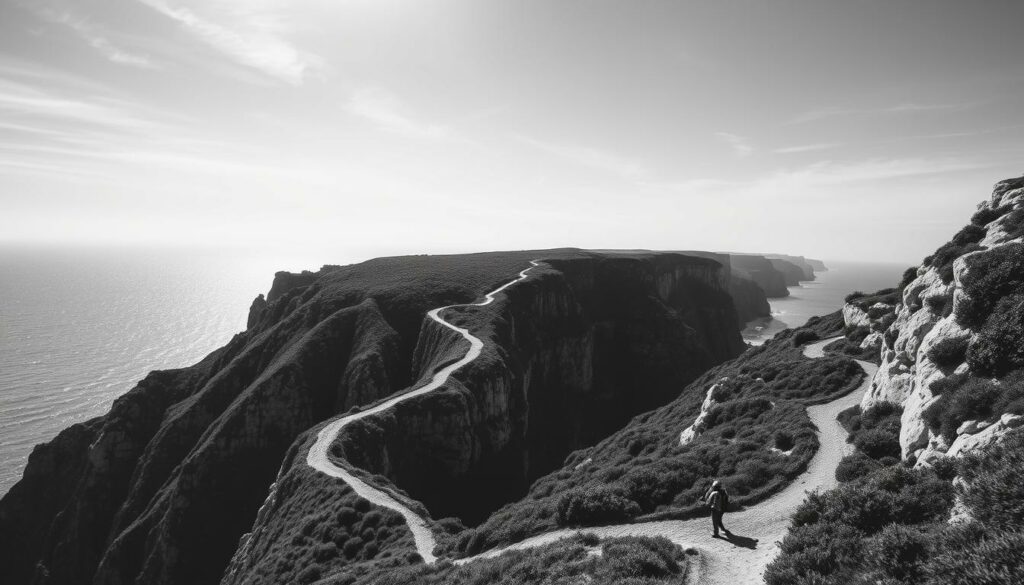 A rugged coastal trail winds through the Algarve's dramatic landscape, where sheer cliffs plunge into the azure Atlantic. Weathered rock formations cast dramatic shadows under a moody gray sky, punctuated by bursts of lush green vegetation. Hikers traverse the meandering path, their silhouettes barely visible, exploring this serene, monochromatic paradise. A faint splash of color emerges in the distance, hinting at the region's natural wonders. The scene evokes a sense of adventure and tranquility, capturing the essence of the Algarve's allure for outdoor enthusiasts.