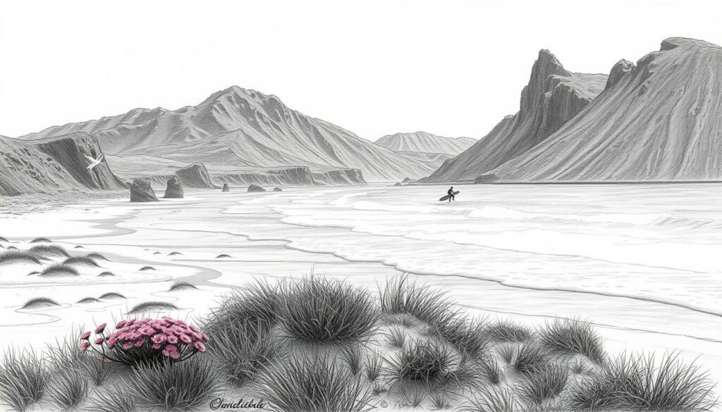 A rugged coastline of windswept cliffs, beaches, and rocky outcroppings along the Atlantic Ocean. In the foreground, a lone surfer rides the powerful swells, their silhouette etched against the horizon. Scattered dunes and scrubby vegetation dot the middle ground, their muted tones punctuated by vibrant splashes of color - a wildflower, a gull in flight. In the distance, the jagged peaks of the Serra da Peneda mountain range rise, their slopes cast in dramatic chiaroscuro by the shifting light. The scene is imbued with a sense of solitude and adventure, a perfect embodiment of the wind-swept beauty of Portugal's Costa Verde.