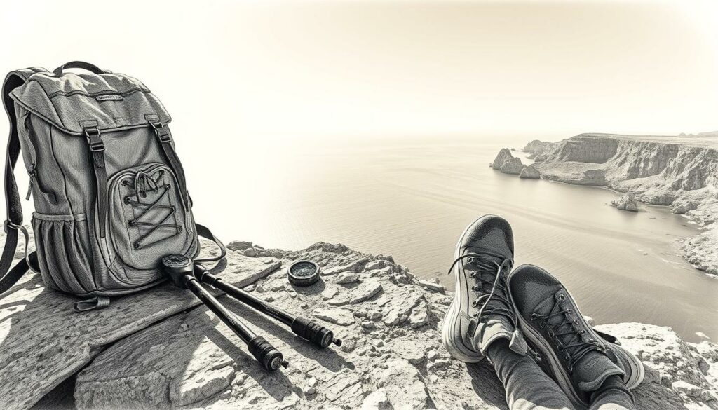 A rugged hiking backpack rests atop a rocky cliff, overlooking the vast expanse of the Algarve coastline. The sun casts a warm, golden glow across the scene, highlighting the textured terrain and the deep blues of the ocean below. In the foreground, hiking poles and a compass lay neatly arranged, suggesting the careful preparation of the adventurer. The middle ground features a sturdy pair of hiking boots, their soles worn from the trails traversed. In the background, the silhouettes of distant cliffs and coves create a sense of depth and adventure. The image is rendered in a striking black and white palette, with selective pops of color in the form of a vibrant compass and the rich, earthy tones of the backpack. A rugged hiking backpack rests atop a rocky cliff, overlooking the vast expanse of the Algarve coastline. The sun casts a warm, golden glow across the scene, highlighting the textured terrain and the deep blues of the ocean below. In the foreground, hiking poles and a compass lay neatly arranged, suggesting the careful preparation of the adventurer. The middle ground features a sturdy pair of hiking boots, their soles worn from the trails traversed. In the background, the silhouettes of distant cliffs and coves create a sense of depth and adventure. The image is rendered in a striking black and white palette, with selective pops of color in the form of a vibrant compass and the rich, earthy tones of the backpack.