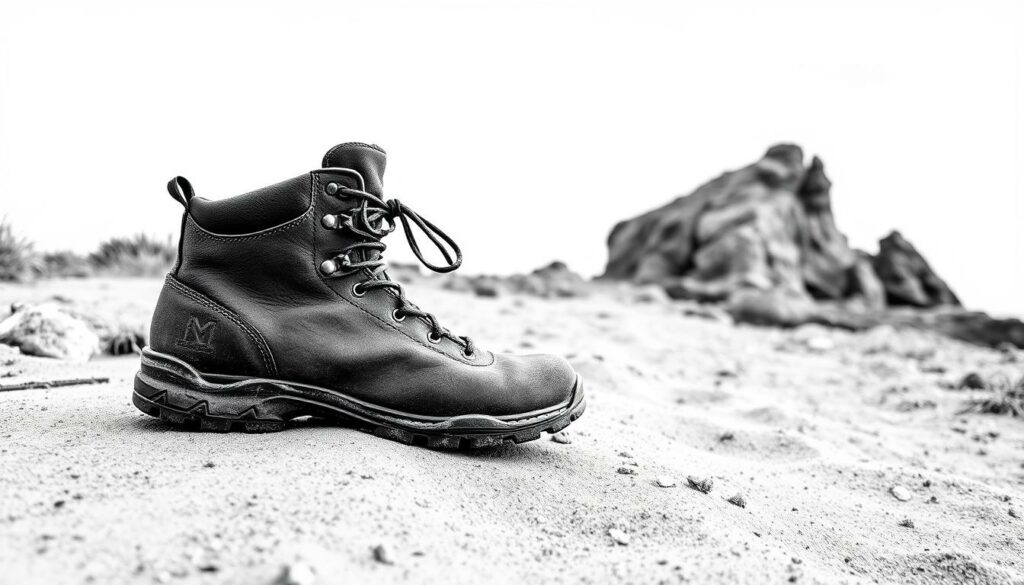 A rugged hiking boot sits atop a sandy coastal path, its weathered leather and sturdy sole ready to traverse the Rota Vicentina trail. The boot's laces are meticulously tied, a testament to the care and attention needed for a long-distance hike. In the background, a rocky outcrop juts out, hinting at the dramatic landscapes that await the adventurous wanderer. The scene is rendered in a monochromatic palette of black, white, and subtle hints of color, capturing the natural, elemental essence of the Portuguese coastline.