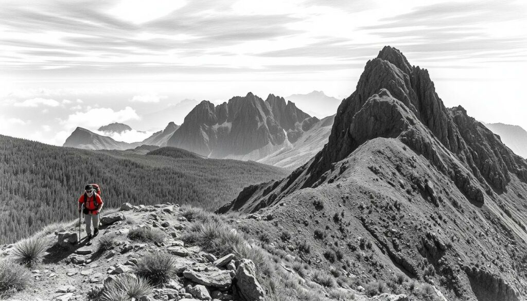 A rugged mountain trail winds through a lush, verdant landscape, with towering peaks silhouetted against a dramatic sky. In the foreground, a lone hiker navigates the path, their figure rendered in stark black and white, save for the vibrant accents of their gear. The mid-ground is a mosaic of textures, from the rough-hewn rocks to the delicate foliage, all brought to life with subtle hints of color. The background fades into a misty, atmospheric horizon, hinting at the broader adventures that await beyond the frame. The overall scene conveys a sense of exploration, challenge, and the pure joy of immersing oneself in the natural world. A rugged mountain trail winds through a lush, verdant landscape, with towering peaks silhouetted against a dramatic sky. In the foreground, a lone hiker navigates the path, their figure rendered in stark black and white, save for the vibrant accents of their gear. The mid-ground is a mosaic of textures, from the rough-hewn rocks to the delicate foliage, all brought to life with subtle hints of color. The background fades into a misty, atmospheric horizon, hinting at the broader adventures that await beyond the frame. The overall scene conveys a sense of exploration, challenge, and the pure joy of immersing oneself in the natural world.