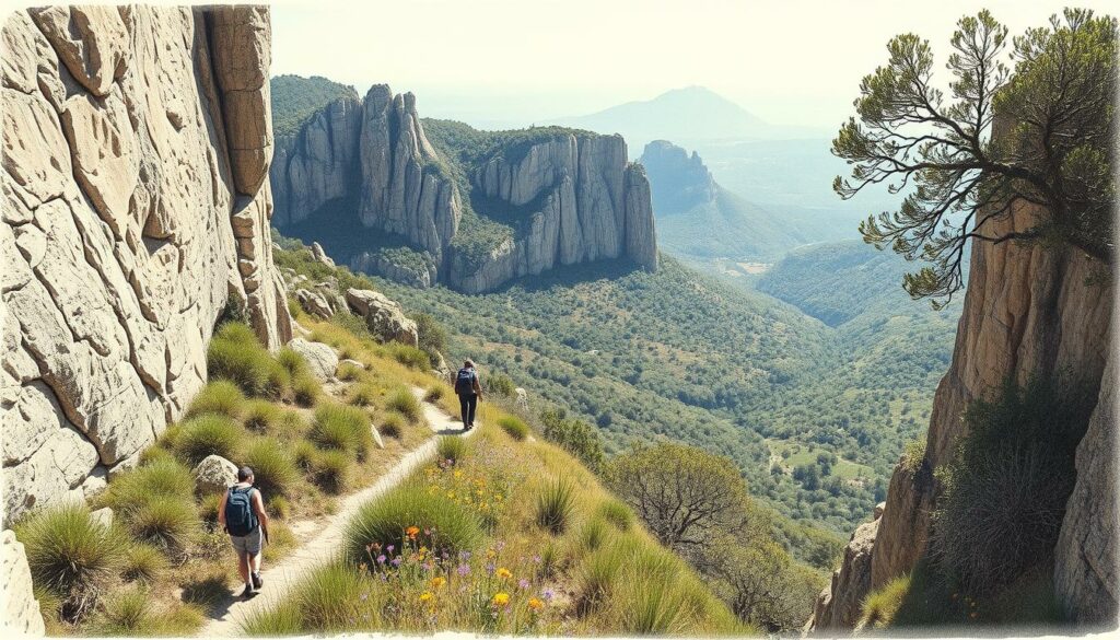 A rugged mountain trail winds through the lush Algarve landscape, flanked by towering limestone cliffs and ancient olive groves. Sunlight filters through the canopy, casting dappled shadows on the weathered stone. Hikers traverse the narrow path, taking in the panoramic vistas of the hidden Rocha da Pena valley below. Vibrant wildflowers dot the foreground, adding pops of color to the otherwise muted, earthy tones. The scene evokes a sense of timeless tranquility, inviting the viewer to immerse themselves in the serene beauty of this captivating region.