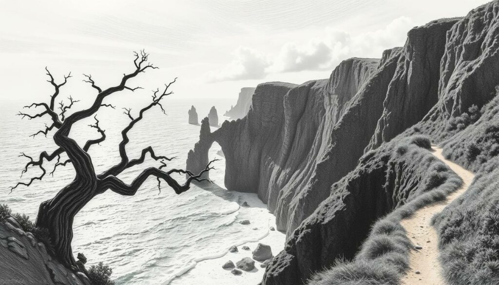 A rugged, wind-swept coastline with towering cliffs plunging into the churning ocean below. Jagged rock formations, sculpted by the relentless waves, stand as sentinels against the vast, azure expanse. Sunlight filters through wispy clouds, casting a dramatic, chiaroscuro effect across the dramatic scene. The foreground features a weathered, gnarled tree clinging to the cliff's edge, its twisted branches reaching skyward. In the midground, a narrow path winds along the cliff's edge, inviting exploration. The background is dominated by the dramatic, undulating silhouette of the cliffs, their sharp outlines accentuated by strategic pops of color - the verdant foliage, the azure sea, and the warm, earthy tones of the rock. The overall mood is one of awe-inspiring, untamed natural beauty, captured in a striking black-and-white palette with selective color accents. A rugged, wind-swept coastline with towering cliffs plunging into the churning ocean below. Jagged rock formations, sculpted by the relentless waves, stand as sentinels against the vast, azure expanse. Sunlight filters through wispy clouds, casting a dramatic, chiaroscuro effect across the dramatic scene. The foreground features a weathered, gnarled tree clinging to the cliff's edge, its twisted branches reaching skyward. In the midground, a narrow path winds along the cliff's edge, inviting exploration. The background is dominated by the dramatic, undulating silhouette of the cliffs, their sharp outlines accentuated by strategic pops of color - the verdant foliage, the azure sea, and the warm, earthy tones of the rock. The overall mood is one of awe-inspiring, untamed natural beauty, captured in a striking black-and-white palette with selective color accents.