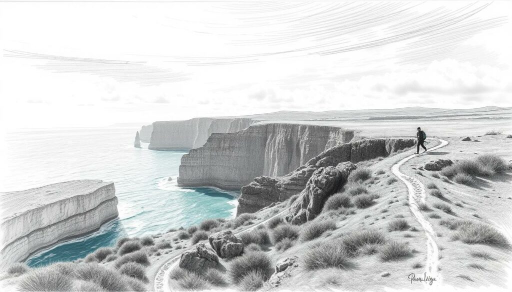 A rugged, windswept coastline along the Algarve, Portugal, with a series of dramatic, hanging valleys carved into the cliffs. The scene is rendered in a moody, muted palette of graphite grays, accented by vivid splashes of teal where the Atlantic waves crash against the rocky shores. Sunlight filters through wispy clouds, casting soft shadows across the undulating terrain. Hikers navigate a winding trail, their figures silhouetted against the expansive vistas. The composition showcases the captivating geological formations and the serene, contemplative atmosphere of this picturesque coastal hiking destination.