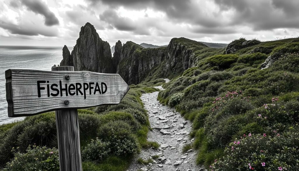 A rugged, windswept trail winds along the dramatic Atlantikküste, cutting through towering cliffs and lush greenery. Craggy rock formations jut out against a stormy, moody sky, with rays of sunlight breaking through the clouds to illuminate the scene. In the foreground, a weathered wooden sign points the way down the Fischerpfad, its weathered edges and muted tones blending seamlessly into the natural landscape. The path itself is a study in textures, with a mix of packed earth, mossy stones, and hardy vegetation underfoot. Pops of vibrant color emerge in the form of wildflowers and foliage, adding a touch of life to the otherwise stark, black-and-white palette. The overall impression is one of raw, untamed beauty - a glimpse of Portugal's wild, coastal splendor.