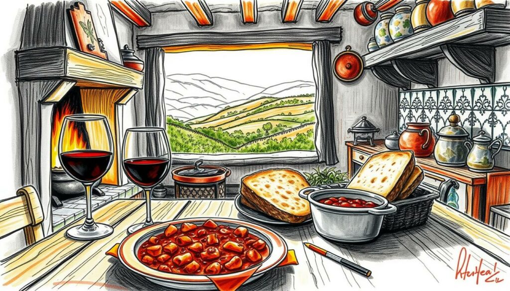 A rustic Portuguese kitchen scene after a day's hike, captured in a charcoal-like sketch with pops of vibrant color. In the foreground, a wooden table laden with a hearty stew, crusty bread, and a glass of bold red wine. The middle ground features a cozy fireplace, casting a warm glow, while traditional ceramic tiles and copper pots adorn the walls. The background reveals rolling hills and lush greenery visible through the window, hinting at the picturesque landscapes just explored. The overall mood is one of comfort, satisfaction, and appreciation for the simple pleasures of regional cuisine after an invigorating outdoor adventure. A rustic Portuguese kitchen scene after a day's hike, captured in a charcoal-like sketch with pops of vibrant color. In the foreground, a wooden table laden with a hearty stew, crusty bread, and a glass of bold red wine. The middle ground features a cozy fireplace, casting a warm glow, while traditional ceramic tiles and copper pots adorn the walls. The background reveals rolling hills and lush greenery visible through the window, hinting at the picturesque landscapes just explored. The overall mood is one of comfort, satisfaction, and appreciation for the simple pleasures of regional cuisine after an invigorating outdoor adventure.