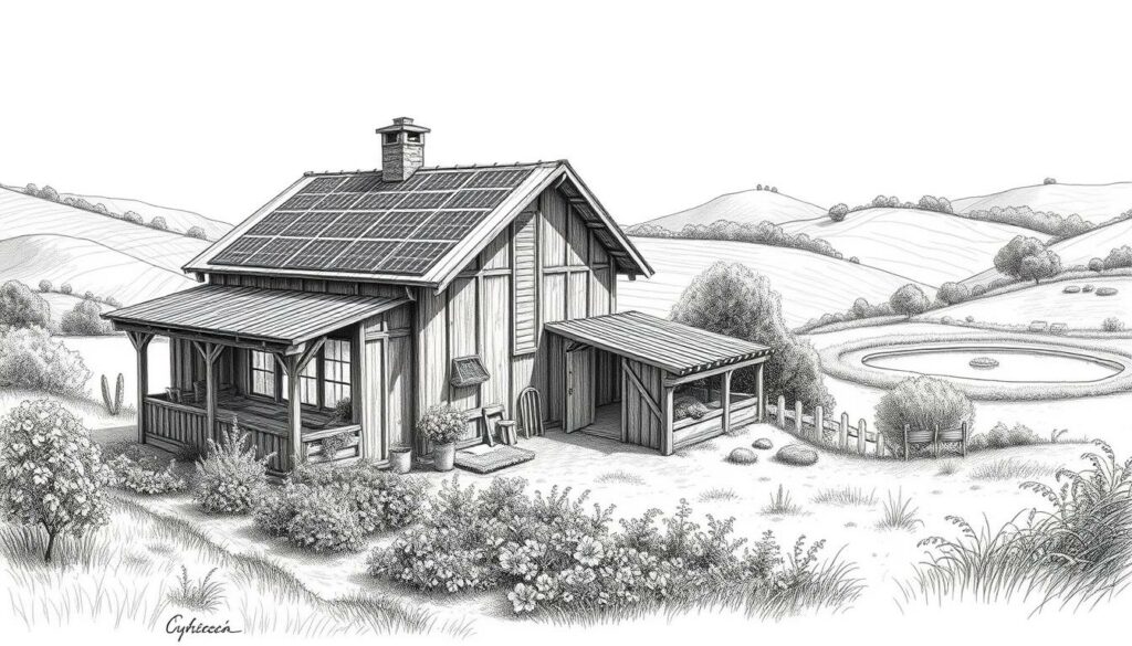 A rustic farmhouse nestled amidst rolling hills and lush vegetation, its earthy tones blending seamlessly with the natural surroundings. A solar panel system on the roof harnesses renewable energy, while a carefully tended vegetable garden thrives in the foreground. Wooden beams and recycled materials lend an organic, sustainable aesthetic to the architecture. Soft, diffused light filters through the windows, casting gentle shadows and highlighting the interplay of textures. In the distance, a serene pond reflects the tranquil, harmonious scene, conveying a sense of equilibrium between human habitation and the natural world.