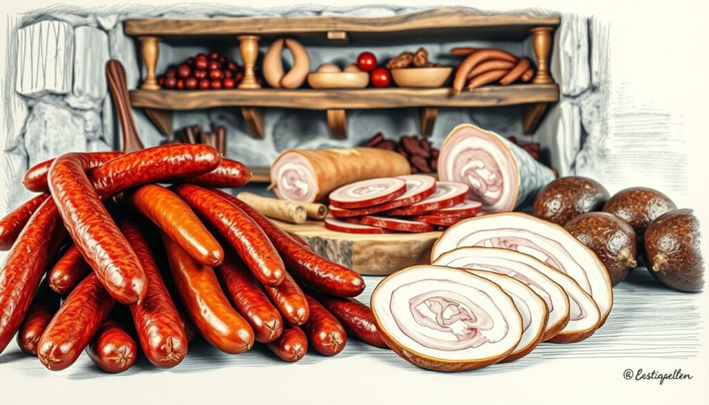 A rustic still life showcasing an array of traditional Portuguese cured meats and sausages. In the foreground, an assortment of glistening chouriço, morcela, and linguiça sausages, their rich hues of red and brown accentuated by strategic lighting. In the middle ground, a wooden cutting board with slices of presunto ham, the marbled fat glistening. Behind, a backdrop of textured stone walls and weathered wooden shelves, hinting at the authentic, time-honored traditions of Portuguese charcuterie. The overall scene conveying an earthy, artisanal atmosphere, with careful consideration given to composition, contrast, and selective color accents to capture the essence of "Fleischspezialitäten Portugal".