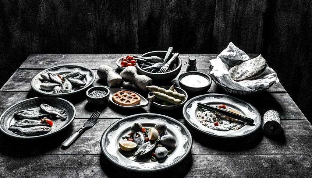 A rustic table set with traditional Azorean dishes, including locally sourced seafood, fresh produce, and artisanal breads. The scene is captured in a moody, black-and-white palette with selective pops of color, accentuating the textures and natural hues of the ingredients. Soft, diffused lighting casts gentle shadows, creating a warm and inviting atmosphere. The arrangement is carefully composed, with each element thoughtfully placed to showcase the culinary highlights of this unique island paradise. A rustic table set with traditional Azorean dishes, including locally sourced seafood, fresh produce, and artisanal breads. The scene is captured in a moody, black-and-white palette with selective pops of color, accentuating the textures and natural hues of the ingredients. Soft, diffused lighting casts gentle shadows, creating a warm and inviting atmosphere. The arrangement is carefully composed, with each element thoughtfully placed to showcase the culinary highlights of this unique island paradise.
