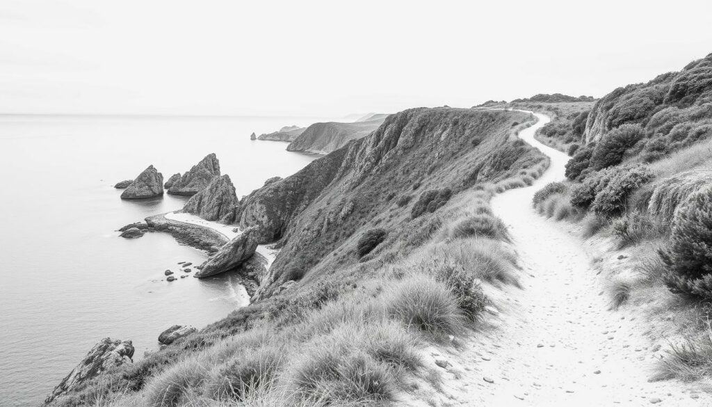 A scenic coastal path winds along the rugged Portuguese shoreline, dotted with weathered rock formations and lush greenery. The moody, overcast sky casts a soft, muted light, accentuating the dramatic contrast of the black-and-white landscape. Vibrant splashes of color, perhaps a wildflower or the azure hue of the distant sea, draw the eye to key focal points. This evocative, pencil-sketch-style image captures the essence of Portugal's captivating coastal hiking trails, ready to transport the viewer to this picturesque corner of the world.