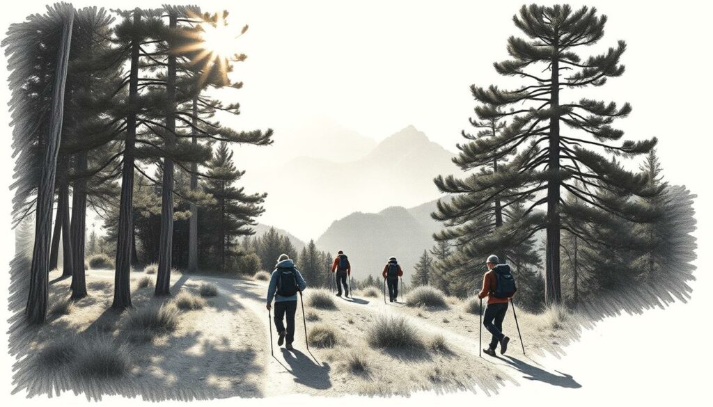 A scenic hike through Portugal's lush landscapes, capturing the tranquility of nature. Sunlight filters through towering pine trees, casting warm shadows on a winding dirt path. In the middle ground, rugged mountains rise up, their peaks shrouded in a soft, ethereal mist. In the foreground, a solitary hiker navigates the trail, their figure rendered in striking black and white with subtle pops of color accentuating their gear. The overall atmosphere is one of peaceful adventure, inviting the viewer to immerse themselves in the serene beauty of Portugal's great outdoors.