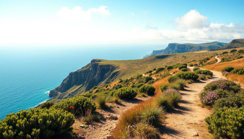 A scenic hiking trail winds through the lush, rolling hills of the Arrábida Serra, overlooking the vast, azure expanse of the Atlantic Ocean. Rugged cliffs dotted with verdant shrubs and wildflowers rise majestically along the coastline, casting dramatic shadows across the landscape. Filtered sunlight dapples the rocky terrain, illuminating the path ahead and casting a warm, earthy glow over the scene. Wispy clouds drift overhead, lending a sense of peaceful tranquility to the serene, pastoral setting. The image captures the essence of this captivating natural wonder, showcasing the breathtaking beauty of the Arrábida region's most picturesque hiking routes.