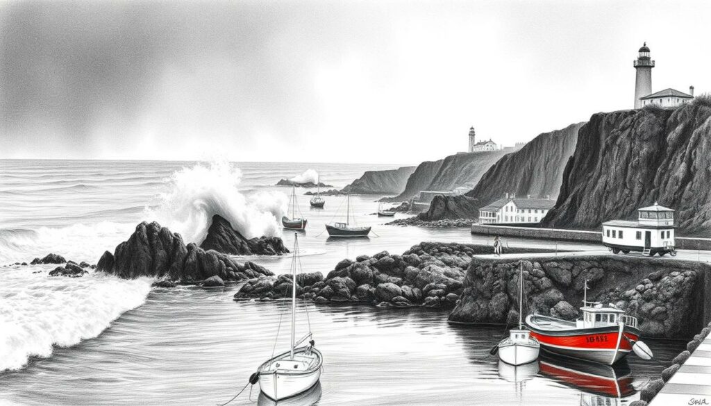 A serene Atlantic coastline unfolds, with Lisboan seaside towns nestled amidst rugged cliffs. Waves crash against the rocky shores, their foamy tendrils reaching towards the horizon. Weathered lighthouses stand vigil, their beams cutting through the misty air. Quaint fishing boats bob gently in the harbor, their masts and hulls cast in a moody, black and white palette, accented by splashes of vibrant color. The scene evokes a sense of timeless tranquility, inviting the viewer to imagine strolling along the windswept promenades and taking in the salty, sea-kissed air.
