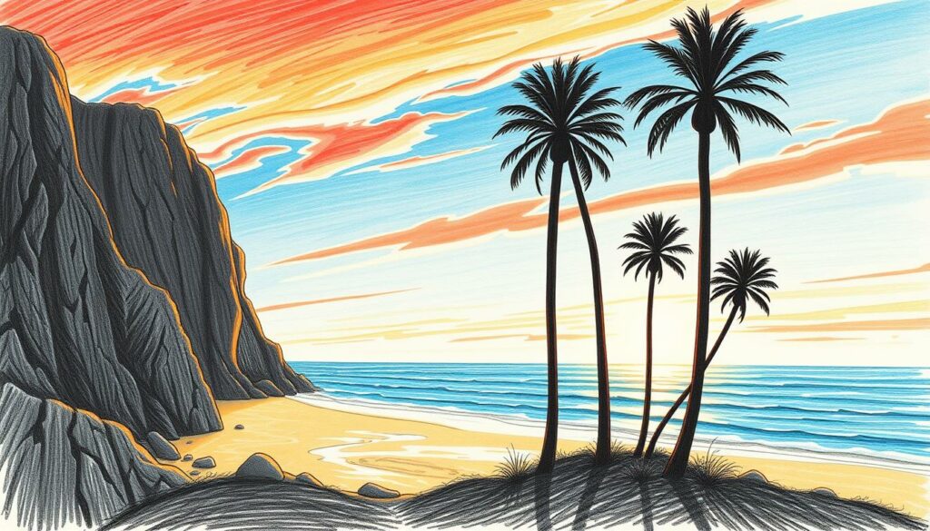 A serene Atlantic sunset illuminates the picturesque coastline near Lisbon. Rugged cliffs frame a secluded beach, where the gentle waves lap against the golden sands. Towering palm trees sway in the salty breeze, casting long shadows across the tranquil scene. The sky is ablaze with vibrant hues of orange and pink, creating a mesmerizing natural display. This idyllic landscape offers a peaceful escape from the bustling city, inviting visitors to indulge in the beauty of Portugal's Atlantic coastline away from the crowds.