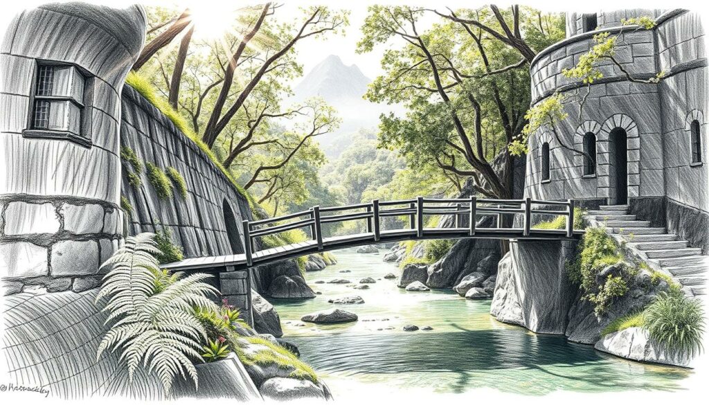 A serene Levada, a historic water channel winding through lush, verdant Madeira. Sunlight filters through the canopy, casting a warm, dappled glow on the weathered stone walls and crystal-clear waters below. In the foreground, a wooden footbridge arches gracefully over the Levada, inviting the viewer to explore this enchanting natural wonder. Wispy ferns and vibrant wildflowers dot the scene, adding pops of color to the monochromatic landscape. Towering mountains rise in the distance, their rugged peaks shrouded in mist. The overall atmosphere is one of tranquility and timeless beauty, capturing the essence of Madeira's legendary Levada system.
