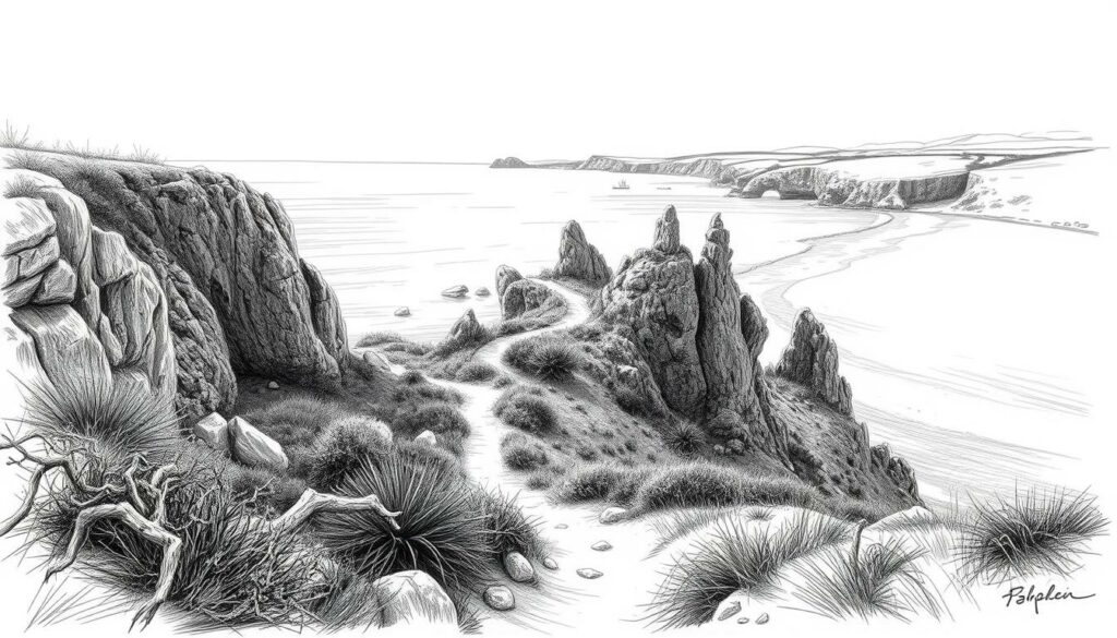 A serene coastal landscape with the meandering Fisherman's Trail winding through it, captured in a moody black and white sketch-like style with subtle pops of color. In the foreground, the trail leads the eye through rugged cliffs, gnarled vegetation, and weathered rock formations. The middle ground features a tranquil ocean, its waves gently lapping at the shore. In the distance, the horizon is dotted with rolling hills and lush greenery, creating a sense of depth and scale. The lighting is soft and diffused, casting long shadows and highlighting the textural details. The overall atmosphere is one of contemplative adventure, inviting the viewer to explore the captivating Portuguese coastline.