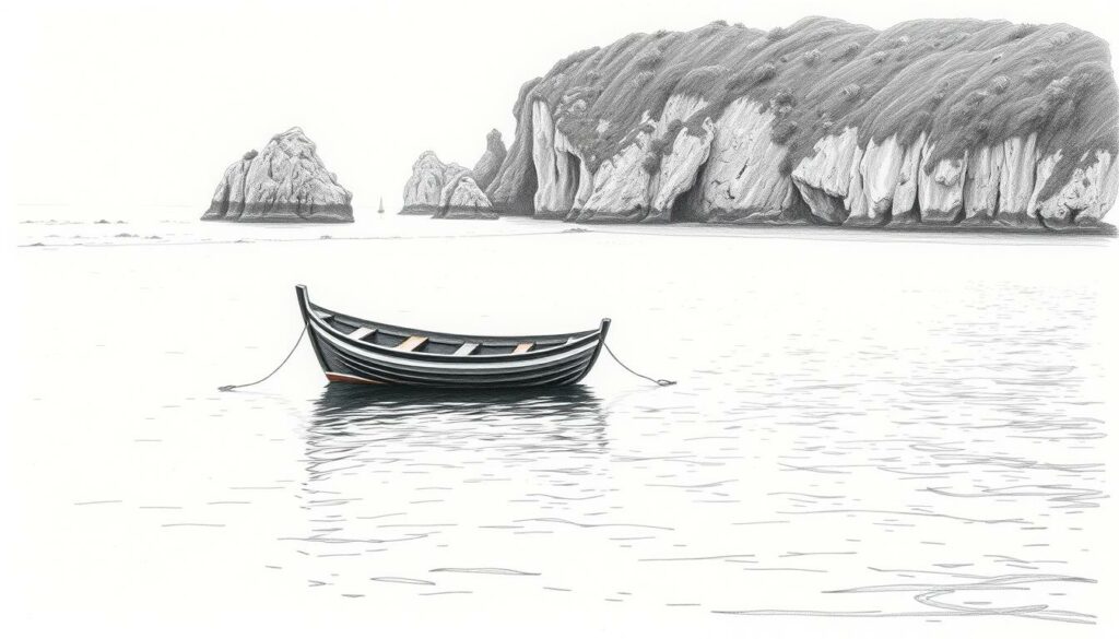 A serene coastal scene in Portugal, with a small traditional wooden boat gently floating on the tranquil waters. The boat's sturdy frame and graceful silhouette are highlighted by the soft, muted tones of the image, capturing the essence of sustainable tourism. The background showcases the rugged, picturesque cliffs and lush vegetation that characterize the Portuguese coastline, creating a harmonious and environmentally-conscious atmosphere. Muted shades of gray, black, and white dominate the scene, with subtle pops of color, such as the wooden boat's bright accents, adding visual interest and a sense of natural beauty. The overall composition invites the viewer to explore the remarkable sustainable experiences that Portugal has to offer.