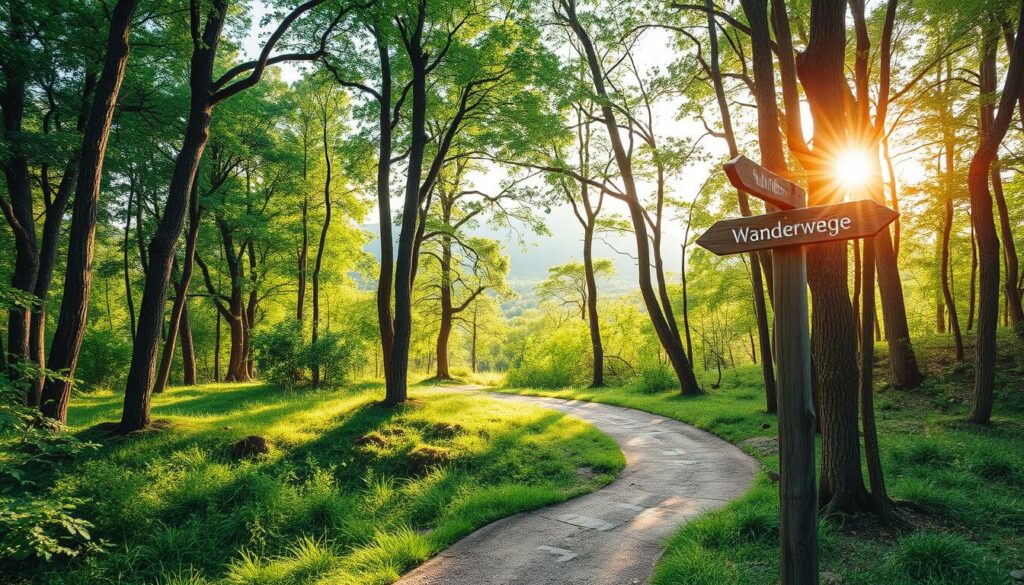 A serene forest trail winds through the lush, verdant landscape of Portugal. Sunlight filters through the canopy, casting a warm, diffused glow over the scene. Wooden signposts mark the Wanderwege, or hiking paths, guiding adventurers along the winding route. The path is delineated by a black-and-white system of markings, with occasional pops of color highlighting key features. In the distance, rugged mountains rise, their peaks silhouetted against the horizon. The overall atmosphere is one of tranquility and exploration, inviting the viewer to imagine setting out on a peaceful hike through the Portuguese wilderness. A serene forest trail winds through the lush, verdant landscape of Portugal. Sunlight filters through the canopy, casting a warm, diffused glow over the scene. Wooden signposts mark the Wanderwege, or hiking paths, guiding adventurers along the winding route. The path is delineated by a black-and-white system of markings, with occasional pops of color highlighting key features. In the distance, rugged mountains rise, their peaks silhouetted against the horizon. The overall atmosphere is one of tranquility and exploration, inviting the viewer to imagine setting out on a peaceful hike through the Portuguese wilderness.