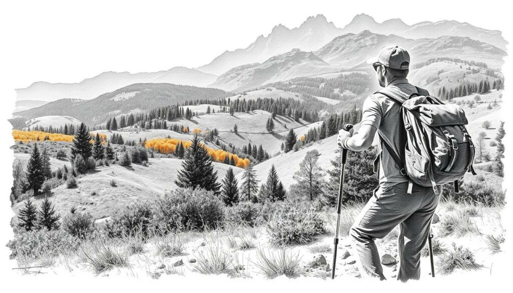 A serene hiking scene in the Portuguese wilderness, captured in a stark black and white palette with strategic pops of color. In the foreground, a well-equipped hiker navigates a rugged trail, their backpack and hiking poles lending a sense of preparedness. The middle ground reveals a picturesque landscape of rolling hills, dotted with verdant trees and the occasional splash of autumnal foliage. The background is framed by distant mountain peaks, their silhouettes casting dramatic shadows across the scene. The lighting is soft and diffused, creating a contemplative atmosphere that underscores the importance of safety and careful planning when embarking on an outdoor adventure in this stunning region. A serene hiking scene in the Portuguese wilderness, captured in a stark black and white palette with strategic pops of color. In the foreground, a well-equipped hiker navigates a rugged trail, their backpack and hiking poles lending a sense of preparedness. The middle ground reveals a picturesque landscape of rolling hills, dotted with verdant trees and the occasional splash of autumnal foliage. The background is framed by distant mountain peaks, their silhouettes casting dramatic shadows across the scene. The lighting is soft and diffused, creating a contemplative atmosphere that underscores the importance of safety and careful planning when embarking on an outdoor adventure in this stunning region.