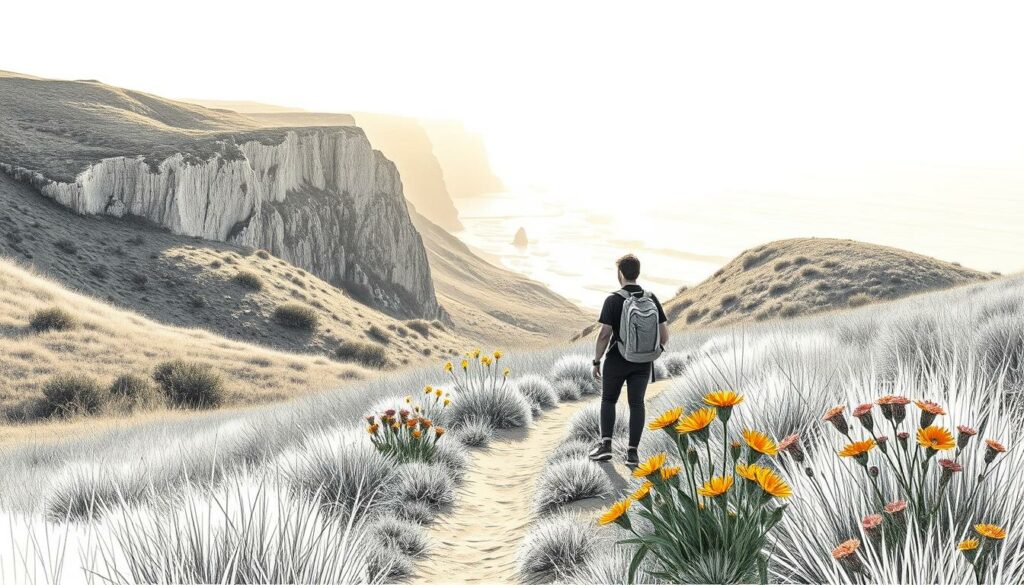 A serene landscape along the Rota Vicentina coastal trail, with rugged cliffs, rolling hills, and swaying grasses bathed in soft, golden light. In the foreground, a lone hiker pauses to take in the breathtaking view, their silhouette casting a long shadow across the path. Vibrant splashes of wildflowers dot the scene, adding pops of color against the predominantly monochrome palette. The atmosphere is one of tranquility and contemplation, inviting the viewer to imagine the tranquil rhythm of the trail and the optimal timing to experience this stunning natural wonder.