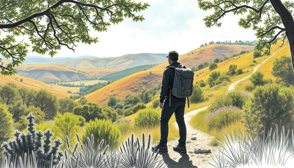 A serene landscape in Portugal's Alentejo region, featuring rolling hills, lush vegetation, and a winding trail leading through the natural beauty. Dappled sunlight filters through the canopy, casting a warm glow over the scene. In the foreground, a hikers' silhouette stands contemplating the view, their figure rendered in a mix of pencil-sketch shades and vibrant pops of color, like the vibrant greens of the foliage and the azure sky above. The background is a study in contrasts, with the muted tones of the terrain punctuated by the occasional burst of wildflowers in bloom. This image captures the essence of the ideal time to explore Portugal's hiking trails, when the weather is mild and the natural splendor is at its peak. A serene landscape in Portugal's Alentejo region, featuring rolling hills, lush vegetation, and a winding trail leading through the natural beauty. Dappled sunlight filters through the canopy, casting a warm glow over the scene. In the foreground, a hikers' silhouette stands contemplating the view, their figure rendered in a mix of pencil-sketch shades and vibrant pops of color, like the vibrant greens of the foliage and the azure sky above. The background is a study in contrasts, with the muted tones of the terrain punctuated by the occasional burst of wildflowers in bloom. This image captures the essence of the ideal time to explore Portugal's hiking trails, when the weather is mild and the natural splendor is at its peak.
