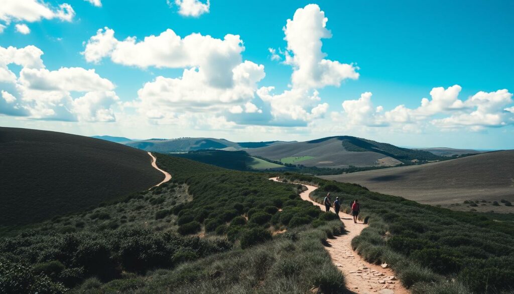 A serene landscape in Portugal's countryside, with rolling hills and lush vegetation in the middle ground. The foreground features a winding trail, dotted with hikers trekking through the scene. The background showcases a vibrant blue sky with fluffy white clouds, creating a sense of tranquility. The lighting is soft and diffused, casting a warm glow over the entire composition. The image has a muted color palette, with the majority in shades of black and white, punctuated by strategic pops of color, such as the hikers' vibrant clothing or the occasional burst of greenery. The overall atmosphere evokes the ideal hiking conditions and the best time of year to explore the natural wonders of Portugal.