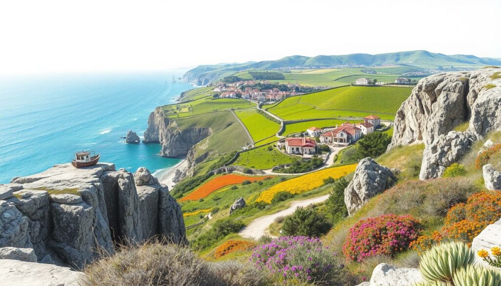 A serene landscape of Portugal's diverse Wanderregionen (hiking regions), each with its own captivating charm. Rugged cliffs overlook the cerulean Atlantic, while verdant hills roll into the distance, dotted with traditional villages. Vibrant splashes of color - perhaps a wildflower meadow or a weathered fishing boat - accent the otherwise muted palette of graphite and charcoal. The scene conveys a sense of tranquility and exploration, inviting the viewer to discover the hidden gems of this scenic country. Captured through a wide-angle lens, the image offers a comprehensive comparison of Portugal's most picturesque hiking destinations. A serene landscape of Portugal's diverse Wanderregionen (hiking regions), each with its own captivating charm. Rugged cliffs overlook the cerulean Atlantic, while verdant hills roll into the distance, dotted with traditional villages. Vibrant splashes of color - perhaps a wildflower meadow or a weathered fishing boat - accent the otherwise muted palette of graphite and charcoal. The scene conveys a sense of tranquility and exploration, inviting the viewer to discover the hidden gems of this scenic country. Captured through a wide-angle lens, the image offers a comprehensive comparison of Portugal's most picturesque hiking destinations.