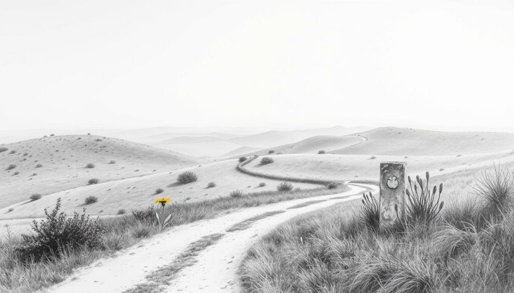 A serene landscape of the Camino de Santiago pilgrimage route, bathed in a soft, muted palette of graphite and charcoal. Rolling hills dotted with sparse vegetation lead the eye towards a distant horizon, punctuated by the occasional splash of color - a vibrant wildflower, a weathered stone marker. The path itself winds organically through the scene, inviting the viewer to imagine the journey of the pilgrim, their footsteps echoing through the tranquil setting. Diffused lighting casts gentle shadows, creating depth and atmosphere, while a sense of timelessness pervades the composition. This image captures the practical yet contemplative essence of planning a pilgrimage through the spiritual landscapes of Portugal.